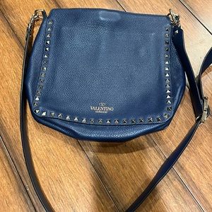 Valentino Small Hobo Rock Stud Messenger Tote Blue Leather Gold Shoulder Bag